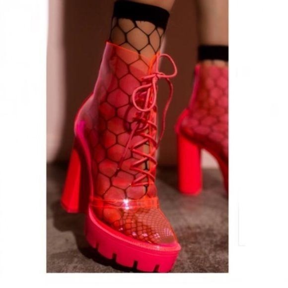 Clear Lace Up Lug Sole Booties in Pink Snake - Picture 7 of 7